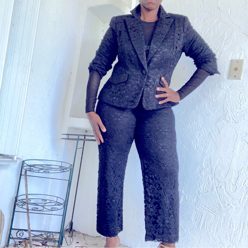 Studio One Vintage Black Beaded Lace Fully Lined Jacket and Matching Pants!